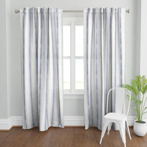 Made of high-quality fabrics with a custom printed design our Plymouth curtain panels instantly dress up windows in the bedroom, living room and beyond. Constructed with both a rod pocket and 3.5 back tabs for a gathered or a pleated look. 50 wide panels feature generous 4 bottom hems. ***Each Ticking Stripe Curtains, Blue Striped Curtains, Coastal Curtains, Wide Curtains, Burlap Curtains, Striped Curtains, Ticking Stripe, Curtains Window Treatments, French Blue