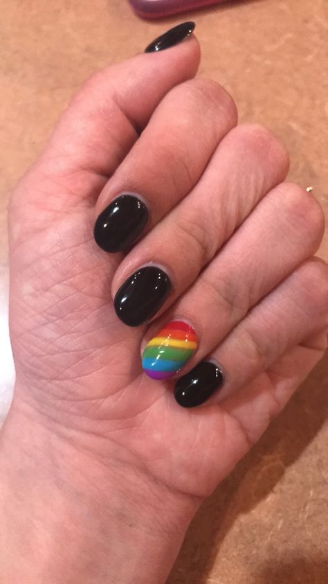 Rainbow nails in honor of #pridemonth black nails acrylic nails nail art Black Nails With Rainbow Design, Black Pride Nails Designs, Lgbtq Nail Art, Rainbow Black Nails, Pride Nails Short Simple, Pride Nails Black, Rainbow Nails Black, Lgbtq Nail Designs, Rainbow And Black Nails