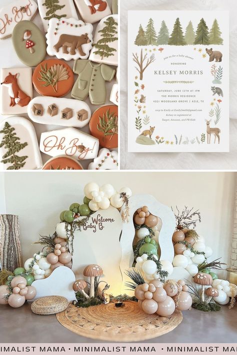 Woodland Shower Theme, Outdoor Adventure Baby Shower Theme, Fall Baby Shower Ideas For Boys Themes, Fall Woodland Baby Shower Ideas, Woodland Bear Baby Shower Theme, Woodland Baby Boy Shower Theme, Cabin Baby Shower Theme, Whimsical Woodland Baby Shower Ideas, Unique Baby Boy Shower Ideas