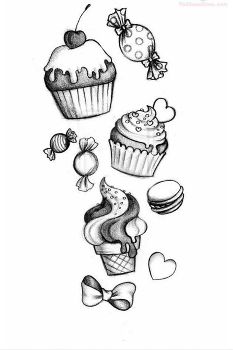 Ice Cream Tattoo, Candy Tattoo, Cupcake Tattoos, Candy Drawing, Fancy Writing, Cupcake Drawing, Ice Crea, Geniale Tattoos, Trendy Tattoos