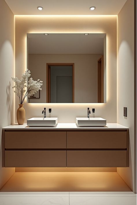 Bathroom with elevated ambiance using strategic vanity lighting Led Bathroom Lighting, Indirect Bathroom Lighting, Recessed Light Bathroom, Small Recessed Lights, Under Cabinet Bathroom Lighting, Bathroom Recessed Lighting, Luxury Bathroom Vanity, Modern Bathroom Vanity Lighting, Condo Bathroom