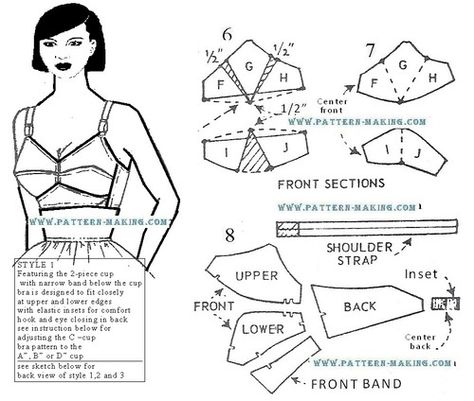 oldestyles: Good two-section and four-section Bullet Bra... Bra Pattern Drafting, Pola Bra, Bra Patterns, Sewing Bras, Moda Academia, Bra Sewing Pattern, Lingerie Patterns, Patron Vintage, Bra Sewing