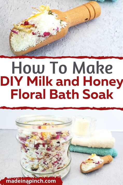 Milk and Floral Floral Bath Soak is perfect for destressing after a hard day. We all know how important it is to take time for ourselves and relax. What better way to do that than by pampering yourself with our DIY Milk and Honey Floral Bath Soak. Bath soaks are an easy way to unwind after a long day and show your body some extra love. It's also a terrific DIY gift idea! Beauty Herbs, Floral Bath Soak, Hibiscus Powder, Diy Bath Soak, Dried Calendula, Milk Bath Recipe, Bath Soak Recipe, Milk Bath Soak, Honey Powder