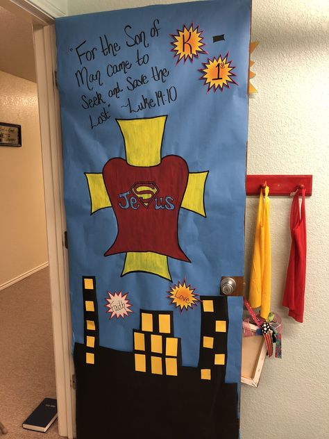 Vbs Superhero Theme Decorations, Super Hero Vbs Decorations, Superhero Vbs Crafts, Hero Hotline Vbs Decorations, Superhero Vbs Decorations, Super Hero Vbs, Superhero Lesson Plans, Christian Easter Bulletin Board Ideas, Vbs Superhero Theme