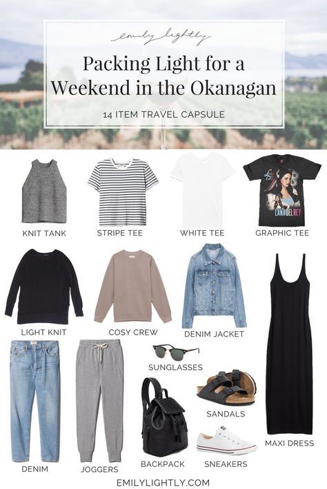 Travel Capsule - Packing Light for a Weekend in the Okanagan // Emily Lightly - capsule wardrobe, minimalist style, travel packing tips, minimal women’s fashion Capsule Packing, Packing Wardrobe, Minimalist Moda, Travel Capsule Wardrobe, Travel Capsule, Minimalist Travel, Minimalist Capsule Wardrobe, Capsule Outfits, Denim Joggers