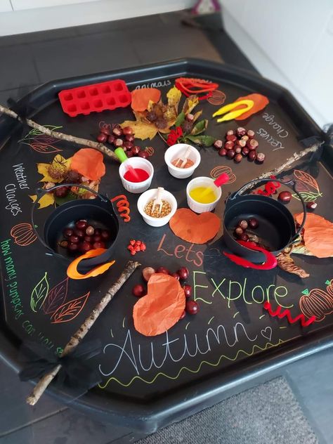 Autumnal Activities, October Eyfs Activities, Eyfs Autumn Crafts, Thanksgiving Tuff Tray Ideas, Woodland Activities Eyfs, Harvest Festival Tuff Tray Ideas, Autumn Tuff Trays Preschool, Cosy Corner Preschool, Heuristic Play Ideas