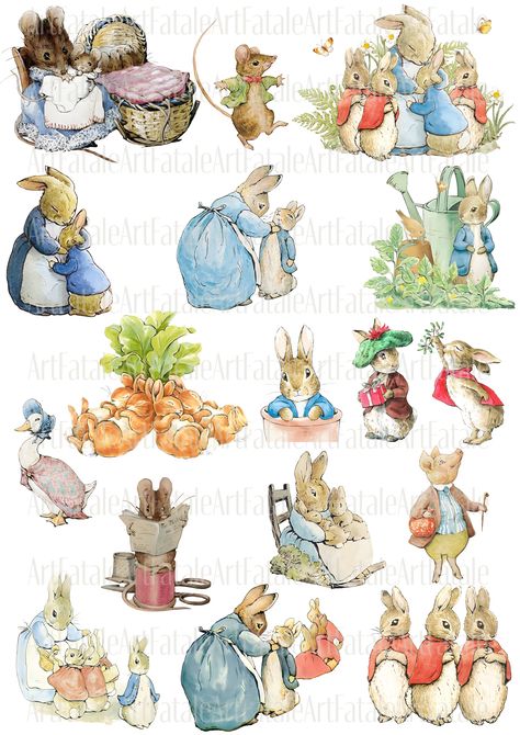 These super beautiful Peter Rabbit, family, and friends are perfect for diy crafts like cards, junk journals, tea party invitations, wedding or bridal invitations, baby showers, nursery decor and much more! Enjoy these nostalgic cute Peter Rabbit images! 🐰💖 Peter Rabbit Illustration, Journal Png, Beatrix Potter Illustrations, Peter Rabbit Nursery, Rabbit Clipart, Rabbit Png, Peter Rabbit And Friends, Rabbit Illustration, Pretty Journals