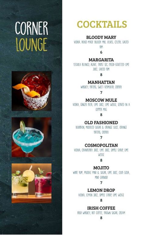 Cocktail Lounge Menu Design Template by MustHaveMenus Cocktails Menu Design, Juice Bar Menu, Drink Menu Design, Menu Maker, Cocktail Theme, Menu Design Template, Smoothie Bar, Cocktail Lounge, Design Edit