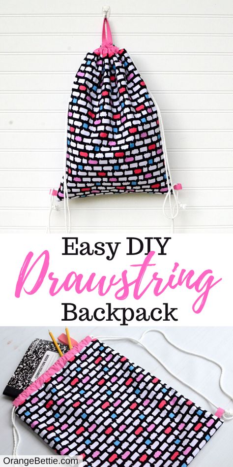 Easy DIY Drawstring Backpack Sewing Tutorial Diy Drawstring Backpack, Drawstring Backpack Pattern, Drawstring Backpack Tutorial, Sewing With Scraps, Backpack Patterns, Backpack Pattern Sewing, Backpack Sewing, Backpack Tutorial, First Sewing Projects