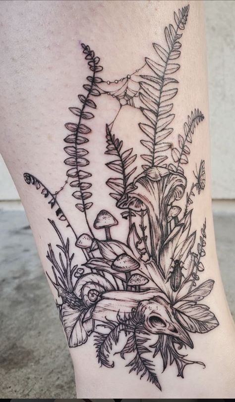 Fern With Roots Tattoo, Ecology Tattoo Ideas, Whimsical Leg Sleeve, Tree Mushroom Tattoo, Earthy Arm Tattoos For Women, Moss Tattoo Nature, Fern Chest Tattoo Female, Whimsical Garden Tattoo, Plant Forearm Tattoo