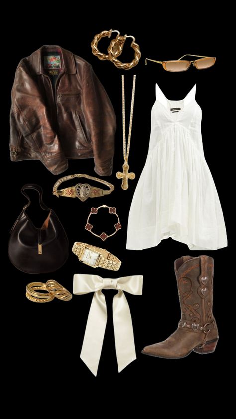 #outfitinspo #vibes #cowboyboots #leatherjacket #gold #brown Mcbling Fashion, Fest Outfits, Nashville Outfits, Western Style Outfits, Rodeo Outfits, Cowgirl Outfits, Outfit Inspo Fall, Fashion Fits, Country Outfits