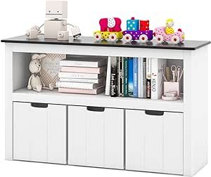 About this item ✔LARGE CAPACITY STORAGE- This kids storage cabinet has plenty of storage for your little one's belongings. Featuring spacious tabletop, large open shelf and 3 deep drawers, your children can place their favorite toys in a place, such as balls, toy cars, building blocks and others. ✔BLACKBOARD TOP & WHEELED DRAWERS- The blackboard top not only provides storage space for items, but also allows for writing and drawing. It is worth mentioning that all the drawers can be used separat Wooden Toy Storage Ideas, Kids Toy Storage Ideas Small Spaces, Small Toy Storage Ideas, Child Friendly Living Room, Living Room Toy Storage Ideas, Kids Storage Ideas, Toddler Toy Storage, Playroom Storage Ideas, Toy Storage Ideas