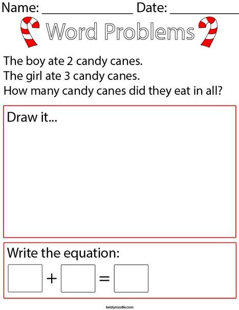 Candy Cane Addition Word Problem- Kindergarten Math Worksheet - Twisty Noodle Kindergarten Word Problems, First Grade Math Word Problems, Math Story Problems Kindergarten, Addition Word Problems Kindergarten, Kindergarten Math Problems, Word Problems Kindergarten, Christmas Word Problems First Grade, 1st Grade Homework, First Grade Words