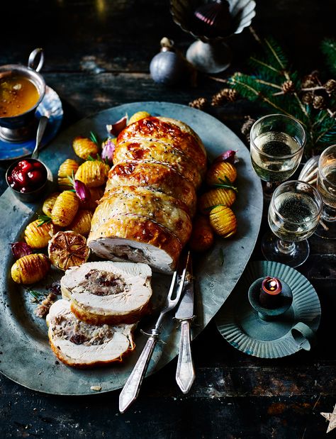 A turkey breast, stuffed and rolled, will feed about six people perfectly, and makes a really beautiful centrepiece on the Christmas table Cooking Wild Rice, Herb Stuffing, Turkey Breast Recipe, Roast Turkey Breast, Stuffing Recipes, Thanksgiving Sides, Turkey Breast, Roasted Turkey, Thanksgiving Turkey