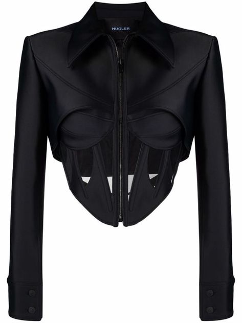 High Fashion Corset, Futuristic Corset, Mugler Jacket, Png Outfits, Cropped Jackets, Flat Collar, Black Corset, Fashion Design Clothes, Corset Style