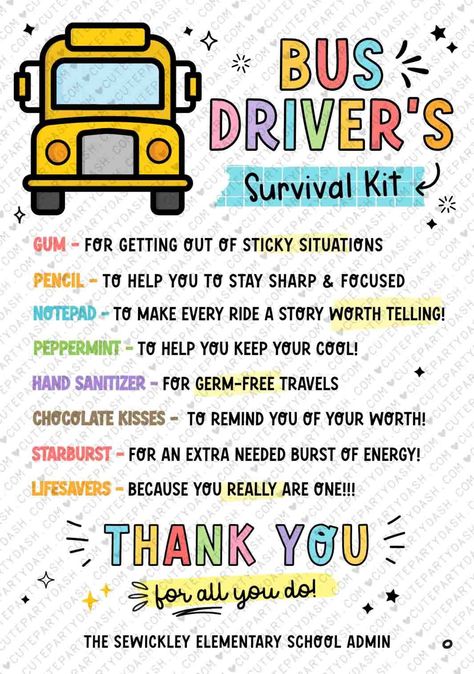 Bus Driver's Survival Kit Tag Printable INSTANT DOWNLOAD Editable School Bus Driver Gift Survival Kit Card Appreciation Week School - Etsy Gifts For Bus Drivers School Buses, School Bus Appreciation Ideas, Bus Appreciation Gifts, Diy Bus Driver Gifts, Bus Driver Survival Kit, Bus Driver Appreciation Gifts, School Bus Driver Gift Ideas, Bus Tags, Christmas Cards Handmade Diy