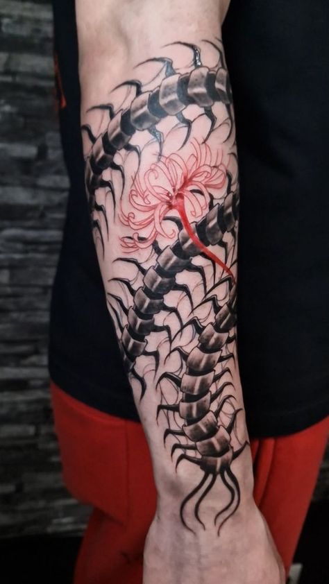 Whole Arm Dragon Tattoo, Horror Tatoos Ideas, Red Spider Lily Tattoo Sleeve, Sentapeed Tattoo, Red Spider Lily And Centipede Tattoo, Centipede Sleeve Tattoo, Spider Lily Centipede Tattoo, Centipede Tattoo Forearm, Centipede Tattoo Design Tokyo Ghoul