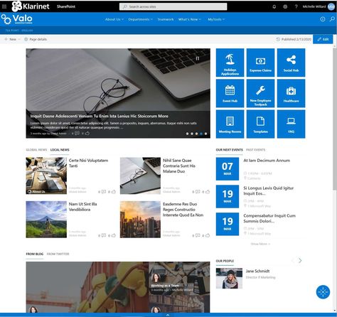 3 Great Examples of SharePoint Intranet Homepages to Inspire You - Klarinet Solutions®, LLC Sharepoint Design Ideas, Sharepoint Design, Sharepoint Intranet, Webpage Template, Project Organization, Employee Recognition, Internal Communications, Corporate Style, Homepage Design