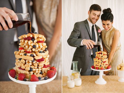 Imagine how romantic and adorable it could be to pour maple syrup over this stacked waffle cake. #Wedding #Cakes Brunch Wedding Food, Wedding Brunch Reception, Cake Alternatives, Diy Breakfast, Wedding Cake Alternatives, Brunch Drinks, Brunch Restaurants, Waffle Cake, Budget Friendly Wedding