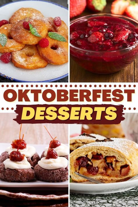 Complete your German feast with these Oktoberfest desserts! From cookies to Bavarian cream to black forest cake, you won't be able to resist these traditional treats. Oktoberfest Dessert Recipes, Oktoberfest Food Desserts, Desserts For Octoberfest, Oktoberfest Party Food Dessert, Oktoberfest Dessert Ideas, Vegan Oktoberfest Food, Octoberfest Food Desserts, German Side Dishes Oktoberfest, Octoberfest Food Appetizers