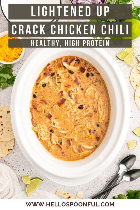 Healthy Crack Chicken Chili is made in the slow cooker so you can set it and forget it! Great for those busy weeknights and a meal for the whole family. Lightened up with cottage cheese, high in protein, creamy, and delicious! Easy Dump And Go Crockpot, Dump And Go Crockpot, Chili Slow Cooker, Chicken Cottage, Chicken Chili Crockpot, Slow Cooker Chili Recipe, Slow Cooker Chicken Chili, Easy Crockpot Chicken, Crockpot Chili