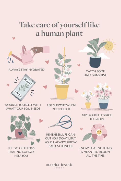 an infographic with illustrations of how we can look after ourself like a human plant from staying hydrated, catching some daily sunshine, giving ourselves space to grow to using support when we need it! Mental Health Awareness Week, World Kindness Day, Practicing Self Love, Self Care Bullet Journal, Self Care Activities, Mental And Emotional Health, Plant Food, Health Awareness, Self Care Routine