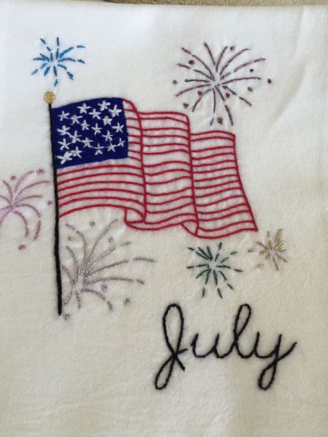 Embroidery Dish Towels Ideas, Patriotic Hand Embroidery Patterns, Hand Embroidered American Flag, Fourth Of July Embroidery Designs, Usa Embroidery Designs, American Flag Embroidery, Fourth Of July Embroidery, Dish Towel Embroidery Patterns Free, 4th Of July Embroidery Designs