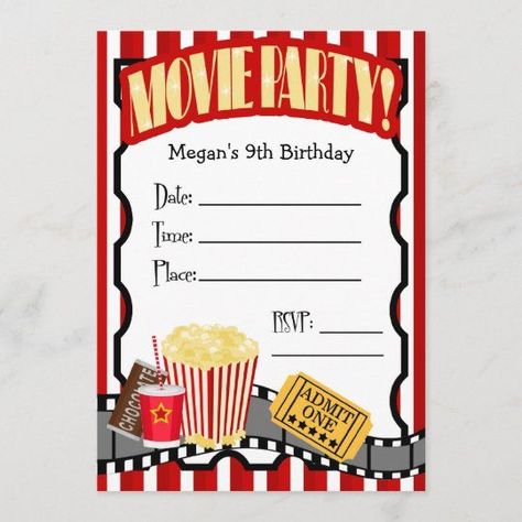 MOVIE NIGHT ANY OCCASION FILL-IN PARTY - Popular Zazzle Product! Best choice, tags :#invitations, #tshirt, #card, #InvitationsCard, #legging, #trending, #holiday Movie Ticket Invitations, Movie Party Invitations, Backyard Movie Party, Movie Night Invitations, Movie Night Theme, Movie Night Birthday Party, Movie Birthday Party, Movie Themed Party, Movie Night Party