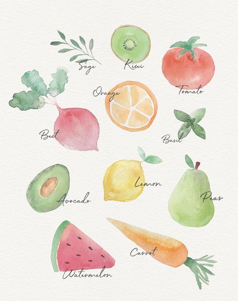 Inspire your cooking with this fruits and veggies watercolor artprint. #fruit #veggies #artprints #watercolor #kitchendecor Drawing Of Fruit, Watercolor Food Easy, Watercolor Fruit Tutorial, Fruits Watercolor Painting, Watercolor Veggies, Fruits Watercolor, Fruit Watercolor Painting Easy, Easy Watercolor Fruit, Easy Fruit Painting