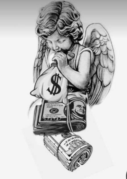 Angel With Money Tattoo, Angel Holding Money Bag Tattoo, Angel With Money Bag Tattoo, 2pac Tattoos, Dragon Eye Drawing, Eagle Wing Tattoos, Money Bag Tattoo, Chicano Lettering, Money Tattoo