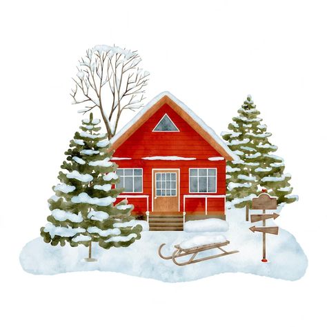 Premium Vector | Watercolor winter house landscape hand drawn wood cottage with sledge and snowy fir trees Snowy Trees Illustration, Christmas Aesthetic Clipart, Winter Cabin Drawing, Christmas Landscape Drawing, Winter House Drawing, Winter House Illustration, Christmas House Exterior, 2024 Watercolor, House Illustrations