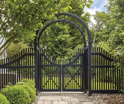 Black Spindle Top Arbor | Walpole Outdoors Modern Black Fence, Black Picket Fence, Backyard Envy, Walpole Outdoors, Wooden Window Shutters, Fence And Gate, Vinyl Gates, Outdoor Shower Enclosure, Vinyl Pergola