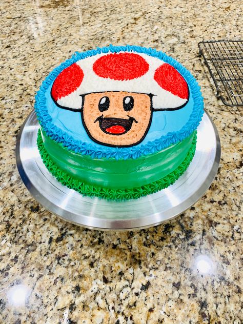 Toadstool Mario Birthday Cake Mario Toad Birthday Cake, Toad Birthday Cake, Mario Toad, Mario Birthday Cake, Mario Cake, Boys 1st Birthday Party Ideas, Mario Birthday, Bday Cake, 1st Boy Birthday