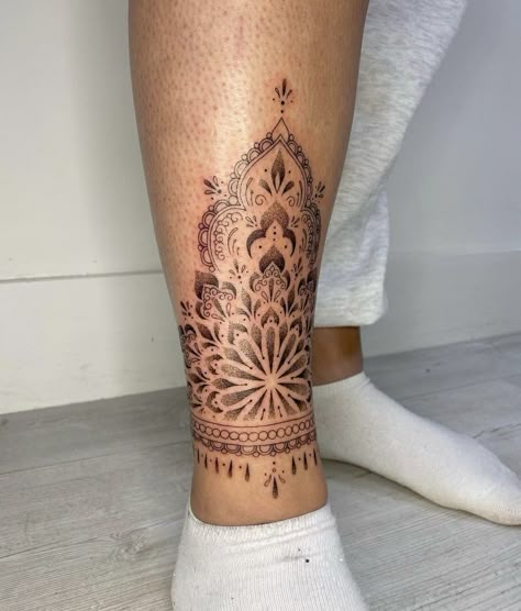 Mandala Tattoo Calf For Women, Shin Tattoo Mandala, Ornamental Shin Tattoos For Women, Shin Tattoos For Women Mandala, Back Leg Tattoos Women Calves, Calf Mandala Tattoo, Mandala Leg Tattoo For Women, Shin Mandala Tattoo, Ankle Mandala Tattoo