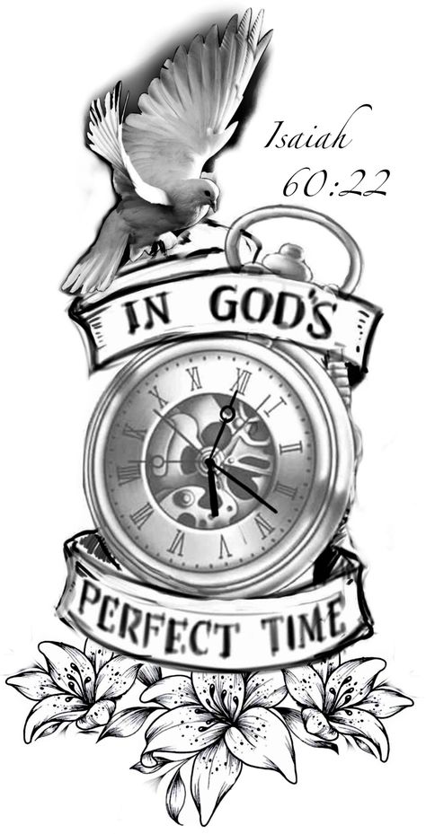 Godly Leg Tattoo, Paid In Full Tattoo Ideas, Sleeve Tattoos Scripture, In Gods Perfect Time Tattoo, God Related Tattoos Forearm, God And Family Tattoo, Gods Time Tattoos, Biblical Shoulder Tattoos For Men, God And Time Tattoo