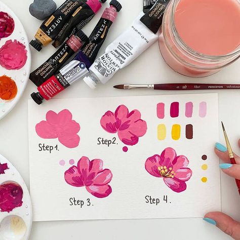 Ez Painting Ideas, Acrylic Step By Step Painting, Pintura A Guache, Gouache Painting Ideas, Seni Dan Kraf, Gouache Paint, Gouache Art, Canvas Painting Designs, Small Canvas Art