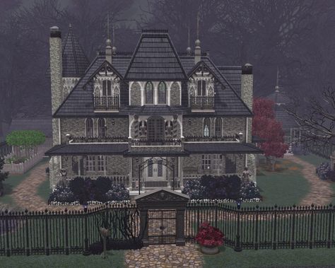 Bleakburn Hall is an imposing Victorian Gothic mansion with an ornate and stylish facade. Gothic Mansion Exterior, Gothic Victorian House Plans, Victorian Gothic Mansion, Gothic Victorian House, Vampire Mansion, Gothic Manor, Gothic Homes, Vampire House, Goth Houses