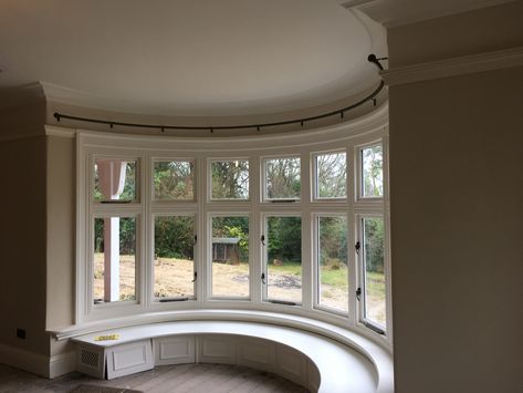 Rounded Room With Windows, Large Bay Windows, Curtains On Round Top Windows, Big Circle Window, Round Bay Window, Round Sunroom, Bay Curtains, Bay Window Drapes, Hogwarts Dorm