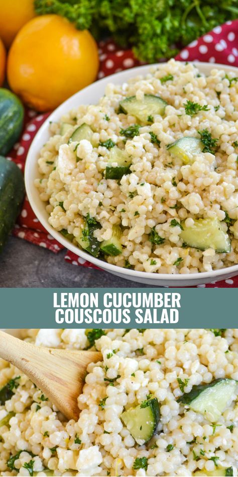 Pasta salad’s are all the rage in the Summer season, and for good reason too. Shake things up a little with this lemon cucumber couscous salad. It’s bright, flavorful, and a surprisingly filling healthy side dish. Serve it for a nice change of pace this barbecue season. #couscoussalad #couscous #saladsupper Easy Vegetarian Salads For Lunch, Dill Couscous Salad, Couscous Lunch Ideas, Caprese Couscous Salad, Couscous Add Ins, Summer Couscous Salad Recipes, Cold Couscous Salad Summer, Couscous Cucumber Salad, Spinach Couscous Salad