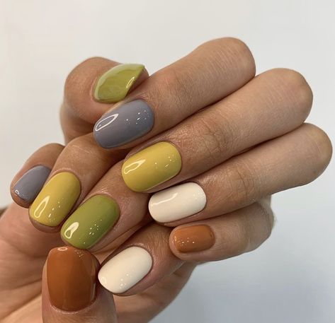 Skittle Fall Nails, Nail Color Ideas Multicolor, Simple Nail Color Combos, Multi Colored Green Nails, Fall Multi Colored Nails, Fall Rainbow Nails, Multicolored Nails Winter, Multicolored Nails Fall, Multicolored Nails Summer