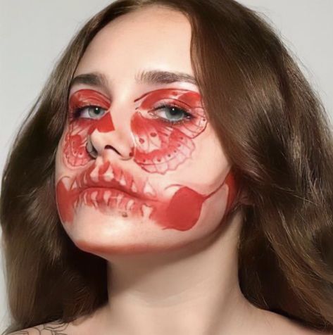 Heart Skull Makeup, Red Catrina Makeup, Butterfly Skull Makeup, Red Skeleton Makeup, Skull Makeup Glam, Red Skull Makeup, Harry Styles Butterfly, Halloween Ideias, Catrina Makeup