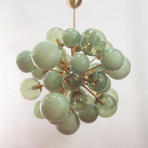 "A great classic of vintage Italian design and at the same time a magnificent contemporary chandelier with mid-century Murano glass. Suspension chandelier with mixed green Murano blown glass spheres, brass color frame, handmade Made in Italy design. This gorgeous chandelier is a great design piece that is sure to add luxury and class to your space.  Type: Chandelier Dimensions: Ø80 x h100 cm (31.4\" W x 40\" H)  Materials: steel, brass, blown glass Weight: about 25 kg (55 pounds) Bulbs: 32 Light Accent Lamps, Italian Chandelier, Glass Balls, Green Shades, Italy Design, Contemporary Chandelier, Chandelier Design, Lighting Inspiration, Beautiful Lamp