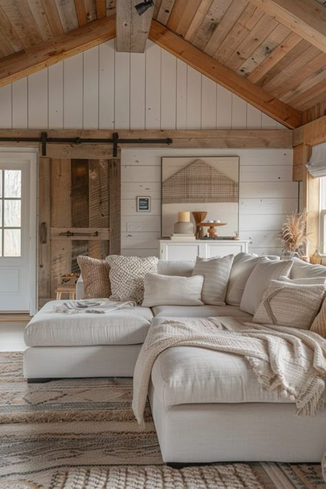 Small Cottage Cabin, Cabin Aesthetic Interiors, Log Cabin Aesthetic, Small Cabin Interior Ideas, Scandinavian Cabin Interior, White Log Cabin, Cabin Interior Ideas, Modern Cabin Interior, Small Cabin Interiors