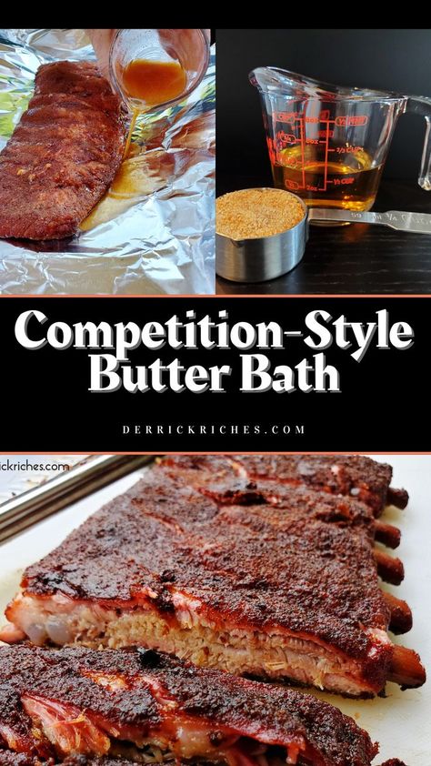 Competition-style butter bath for wrapping BBQ ribs and pork. Bbq Meats, Pork Ribs Grilled, Slow Cooked Ribs, Bbq Pitmasters, Smoked Pork Ribs, Pork Chop Dinner, Pork Rib Recipes, Pellet Grill Recipes, Smoked Meat Recipes