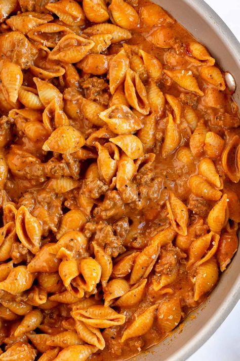 Tender shell pasta in a meaty, deliciously seasoned tomato cream sauce. Creamy Beef and Shells is an incredibly comforting skillet pasta recipe that is ready in 30 minutes, start to finish! #pasta #30minutemeal #easydinner #groundbeefrecipes #groundbeef Small Shell Pasta Recipes, Beef Ravioli Recipe, Skillet Pasta Recipes, Creamy Beef And Shells, Easy Pasta Recipes Quick, Beef And Shells, Macaroni And Tomatoes, Shell Pasta Recipes, Shell Pasta