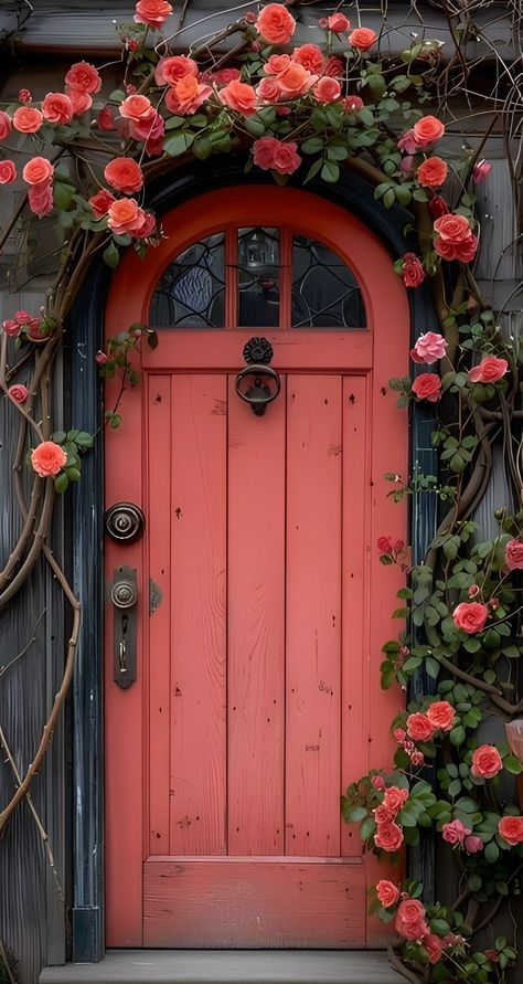 Front Door Wallpaper, Magenta Door House Entrance, Colorful Exterior Doors, Whimsical Front Door, Raspberry Front Door, Gate Color Ideas Entrance, Puertas Aesthetic, Beautiful Doors Italy, Peach Front Door