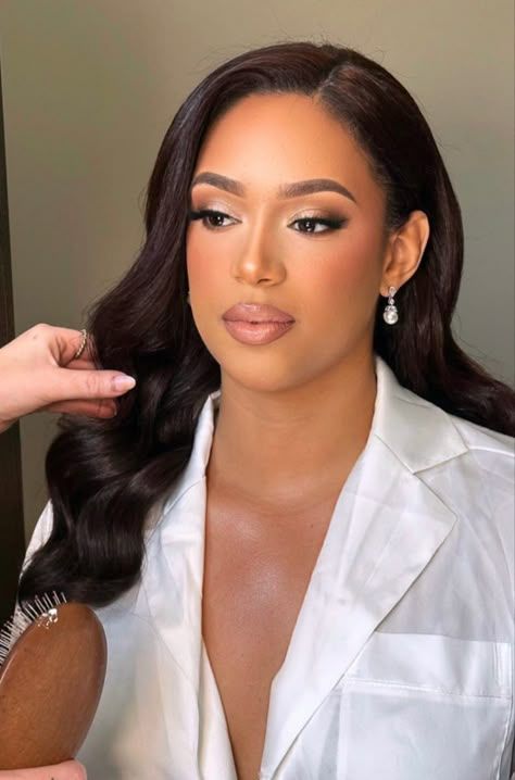 Bridal Make Up Mixed Race, Beach Wedding Makeup Look, Wedding Makeup For Medium Skin Tone, Biracial Bridal Makeup, Engagement Photo Makeup Black Women, Simple Elegant Bridal Makeup, Bridal Makeup No Lashes, Neutral Glam Makeup Brown Eyes, Bridal Makeup On Brown Skin