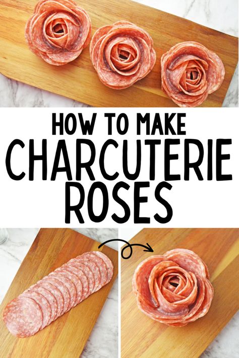 A quick and easy tutorial how to make beautiful charcuterie roses from salami. Small Rectangle Charcuterie Board Ideas, Salami Roses Charcuterie, Salami Flowers Diy, Making Salami Roses, Cheese Charcuterie Cake, How To Make Charcuterie Roses, How To Make A Charcuterie Board Video, Rose Meat Charcuterie, Charcuterie Roses How To