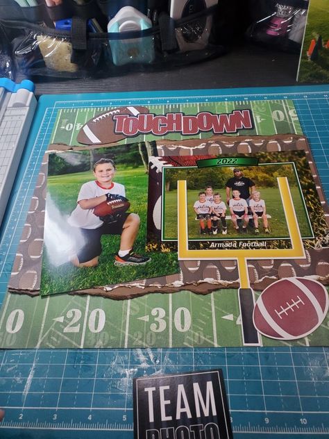 Football scrapbook layout Football Scrapbook Ideas, Football Scrapbook, Football Scrapbook Layouts Ideas, Football Scrapbook Layouts, High School Football Scrapbook Layouts, Football Layouts Scrapbooking Ideas, Scrapbook Sports Ideas, Scrapbook Football Game Page, Sports Page