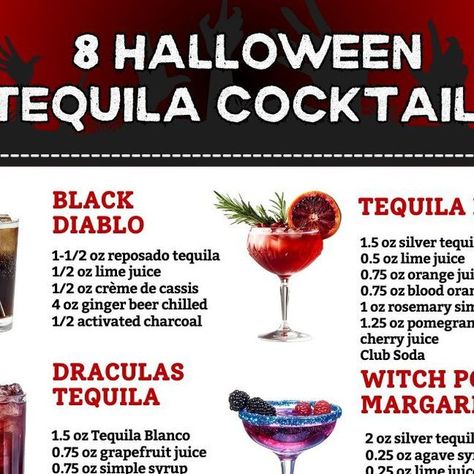 MyBartender.com | Cocktail Recipes + Tips on Instagram: "Shake up your Halloween party with spooky tequila cocktails! These frightfully fun drinks will keep the party going all night long. 🧙‍♀️🧟

#halloweentequilacocktails #halloweendrinks #halloween #partydrinks #tequila" Tequila Drinks Halloween, Halloween Drinks Alcohol Tequila, Tequila Halloween Cocktails, Tequila Halloween Drinks, Reposado Tequila, Halloween Cocktails, Tequila Cocktails, Halloween Drinks, Cherry Juice